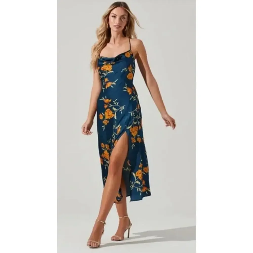 ASTR The Label Floral Satin Slip Midi Dress Navy Orange XS NWOT - Picture 1 of 8